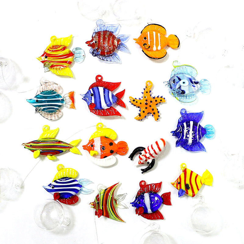 Marine Aquarium Europe - 水族館装飾アクセサリーフローティングガラス海洋動物装飾品かわいいミニチュアヒトデ海洋魚ロブスターエビクラゲ醜い魚小像ペンダント