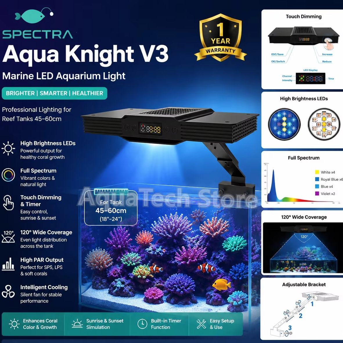 Marine Aquarium Reef - Spectra Aqua Knight V3 75W プログラム可能な日の出日没海洋水族館